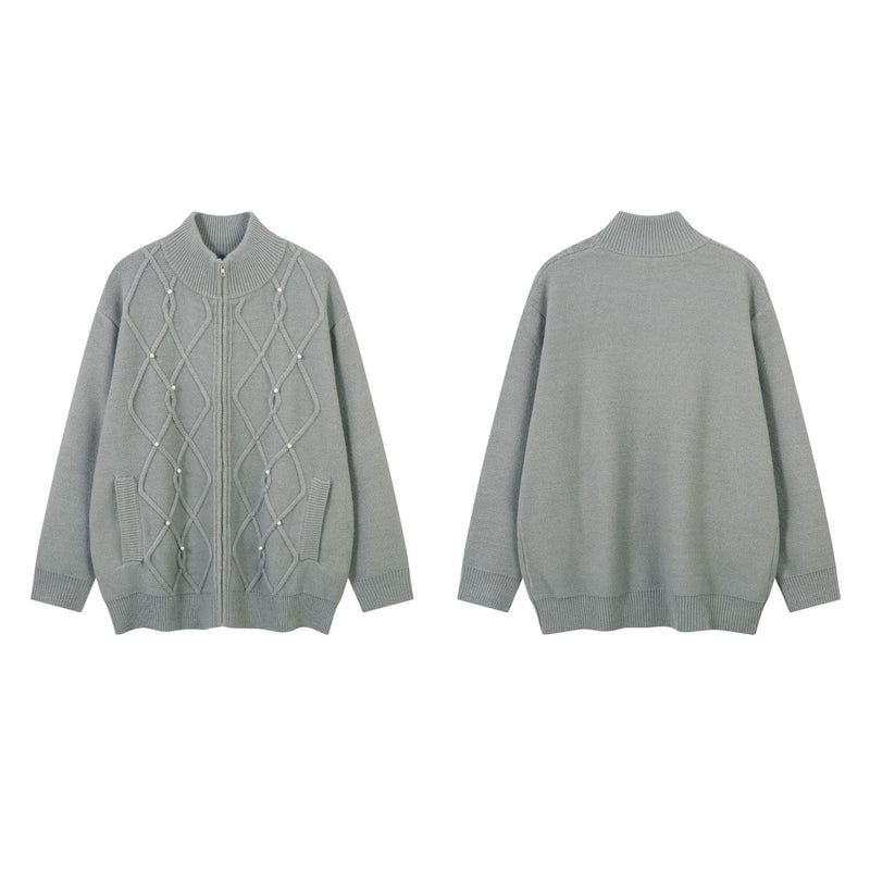 Cable Knit Zip-Up Sweater Jacket with Pearl Embellishments
