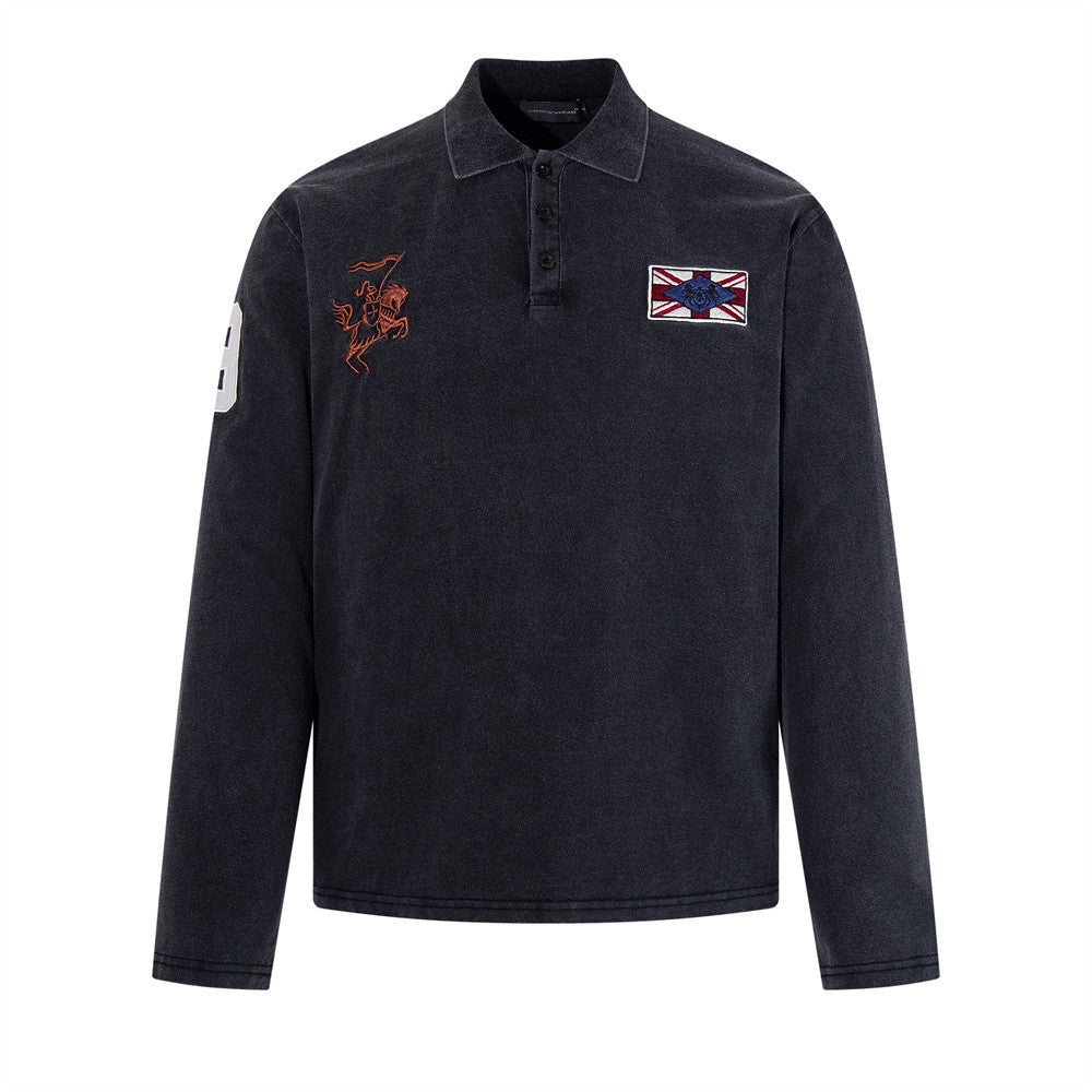 Men's washed black long-sleeve polo shirt with embroidered knight motif, Union Jack patch, and Western Region back embroidery