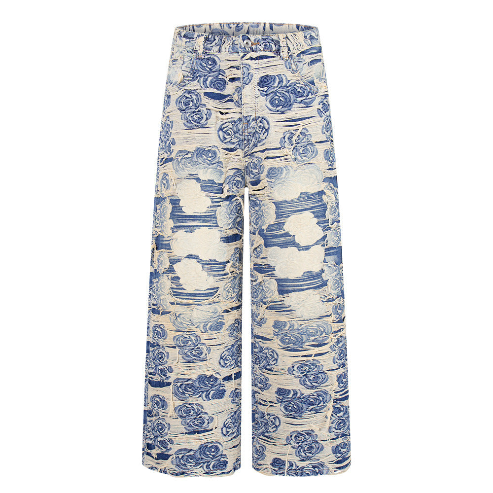 Rose Jacquard Distressed Wide-Leg Jeans – Blue Floral Fringe Denim
