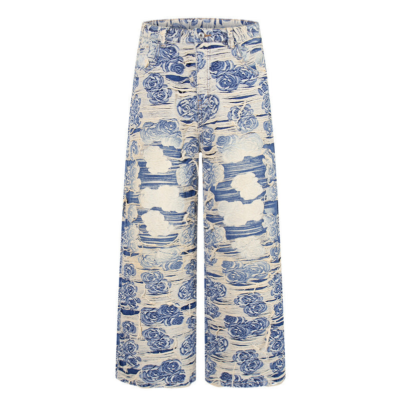 Rose Jacquard Distressed Wide-Leg Jeans – Blue Floral Fringe Denim