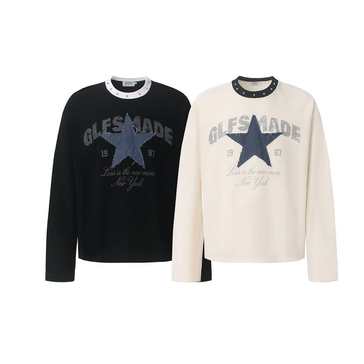Long Sleeve Waffle-Knit Star Patch Graphic Shirt – GLFSMADE 1987 Studded Collar
