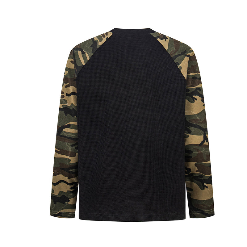 American Flag Camo Raglan Long-Sleeve Shirt – Waffle Knit Body, V-Notch Neck