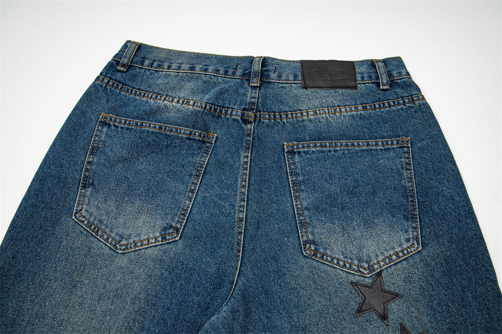 Gothic Old English Letter Print Washed Straight-Leg Jeans