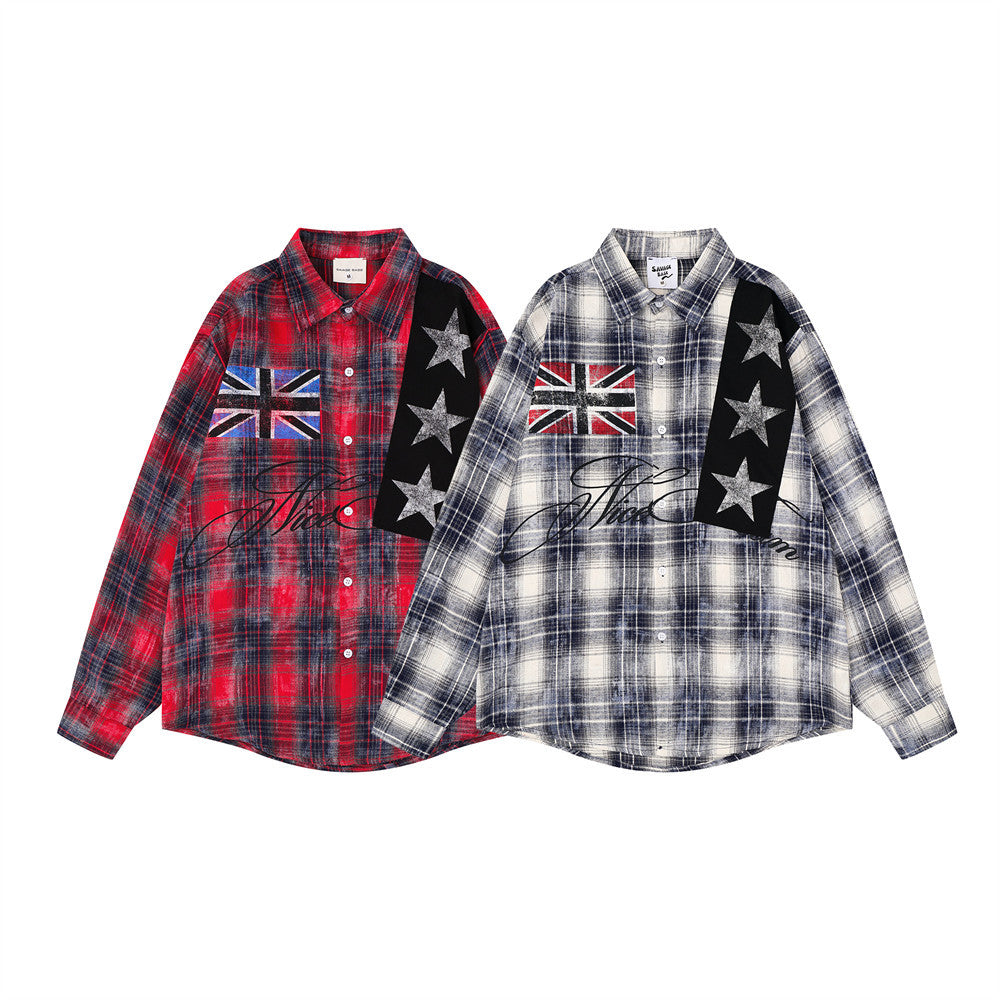 Plaid Flannel Shirt with Union Jack & Star Patch Panel — Oversized Vintage Fit