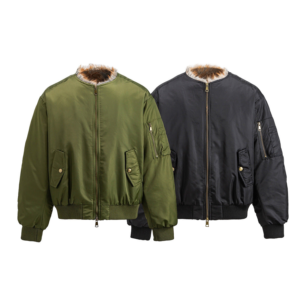Faux Fur Collar Bomber Jacket with Quilted Lining