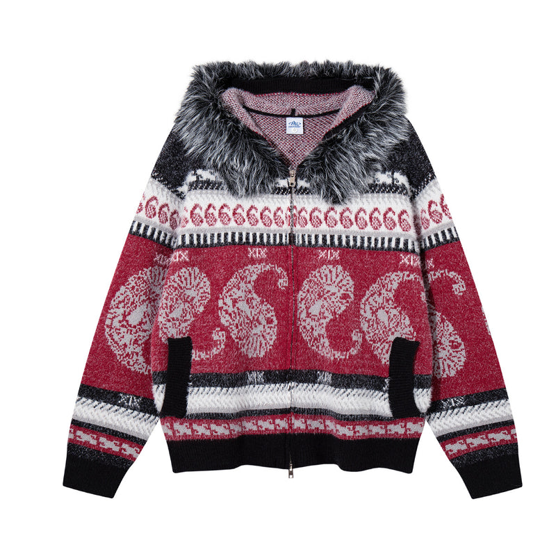 Paisley Fair Isle Knit Zip-Up Hoodie with Faux Fur Trim