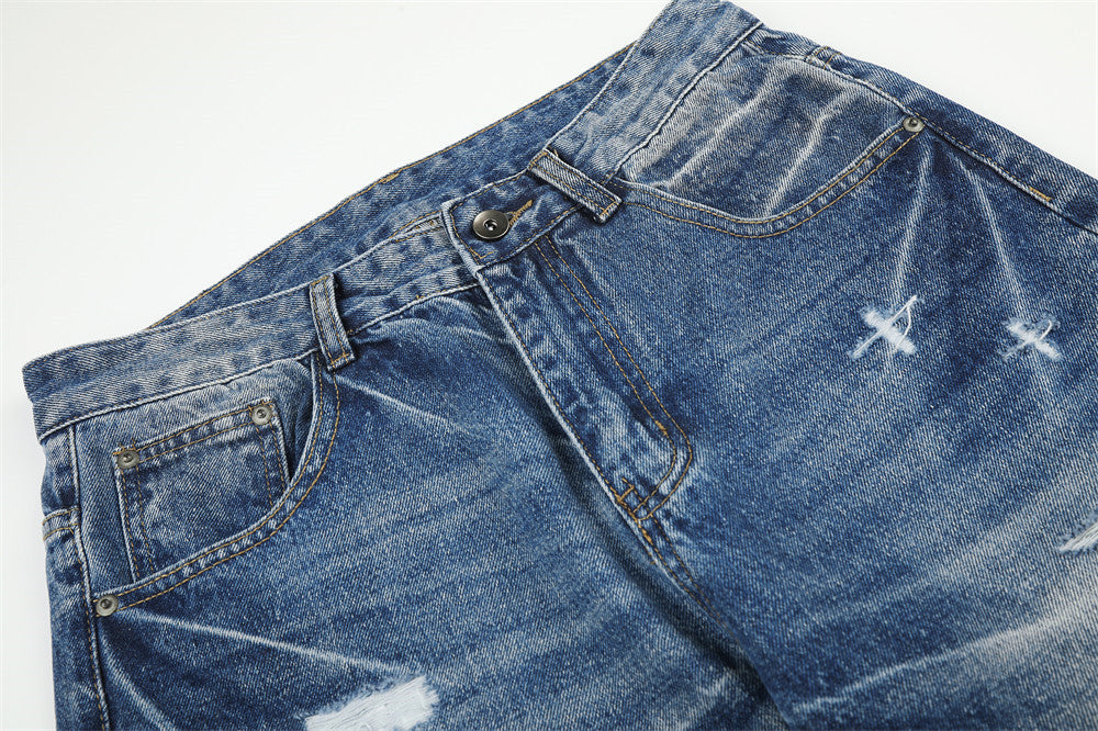 Jeans délavés usés à jambes larges – Denim vintage punk délavé pour homme
