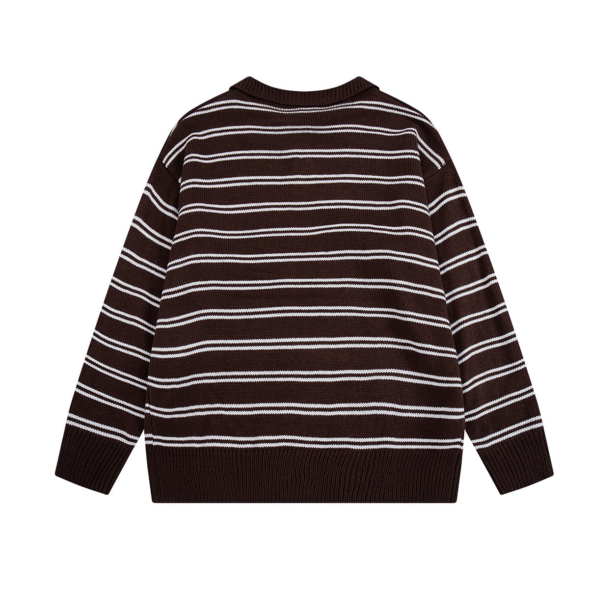 Striped Polo Knit Sweater with Cartoon Embroidery – Relaxed Unisex Pullover