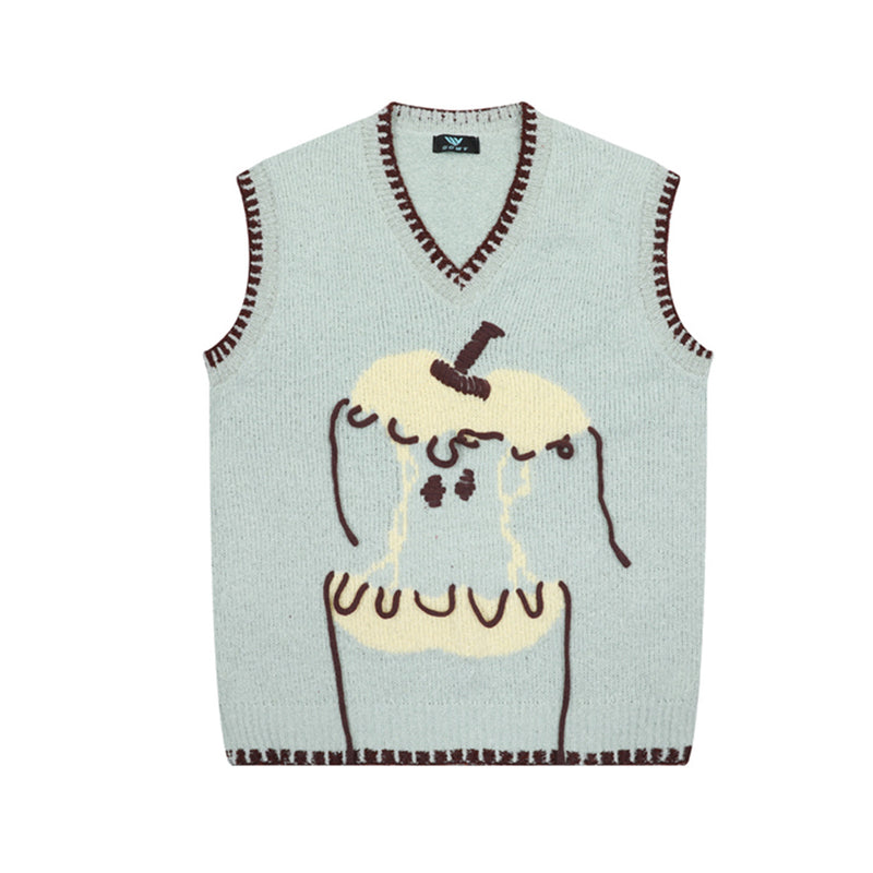 Cartoon Bear Knit Sweater Vest – V-Neck Jacquard Sleeveless Pullover