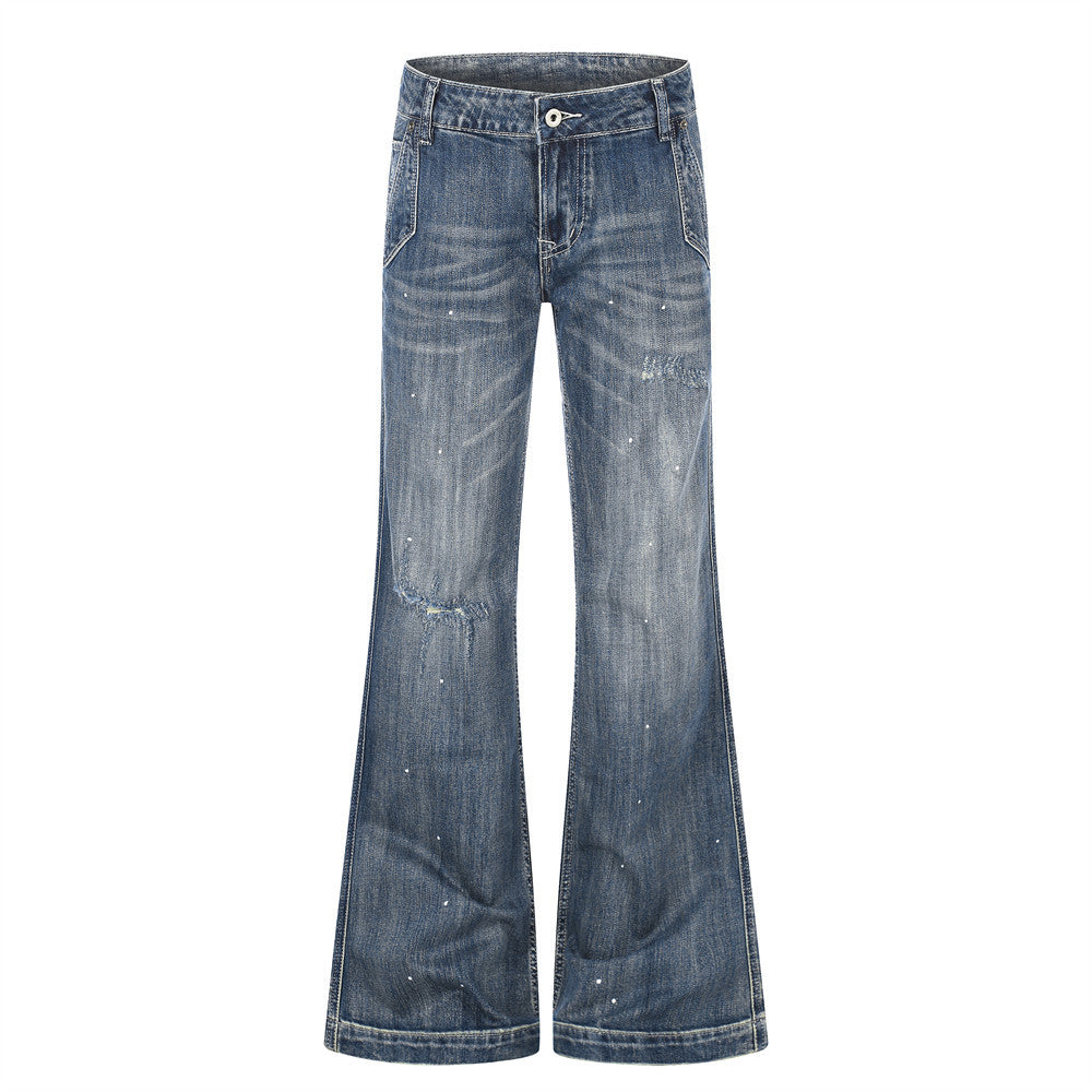 Punk Washed Distressed Flare Jeans – Men's Wide-Leg Denim with Paint Splatter &