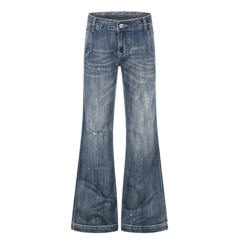 Punk Washed Distressed Flare Jeans – Men's Wide-Leg Denim with Paint Splatter &