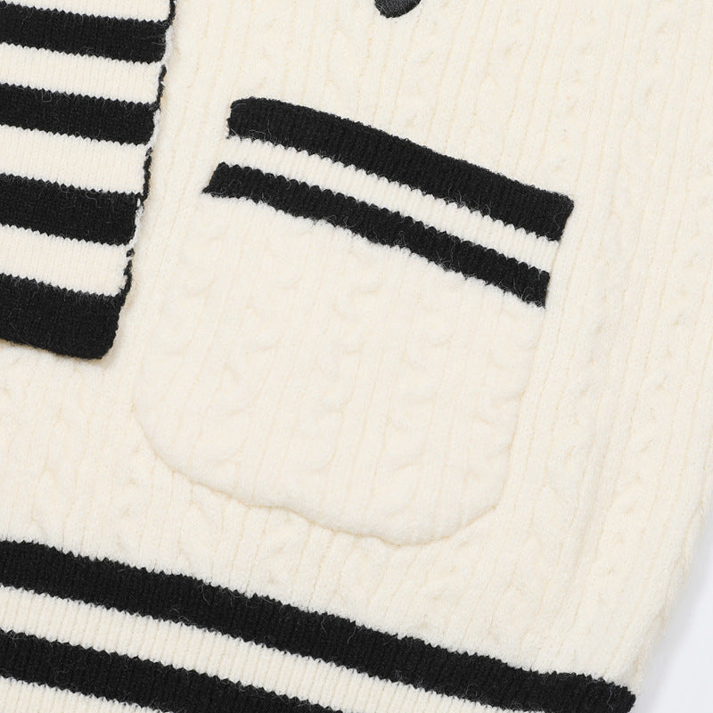 V-Neck Cable Knit Sweater Vest with Music Note Embroidery & Striped Tie Detail