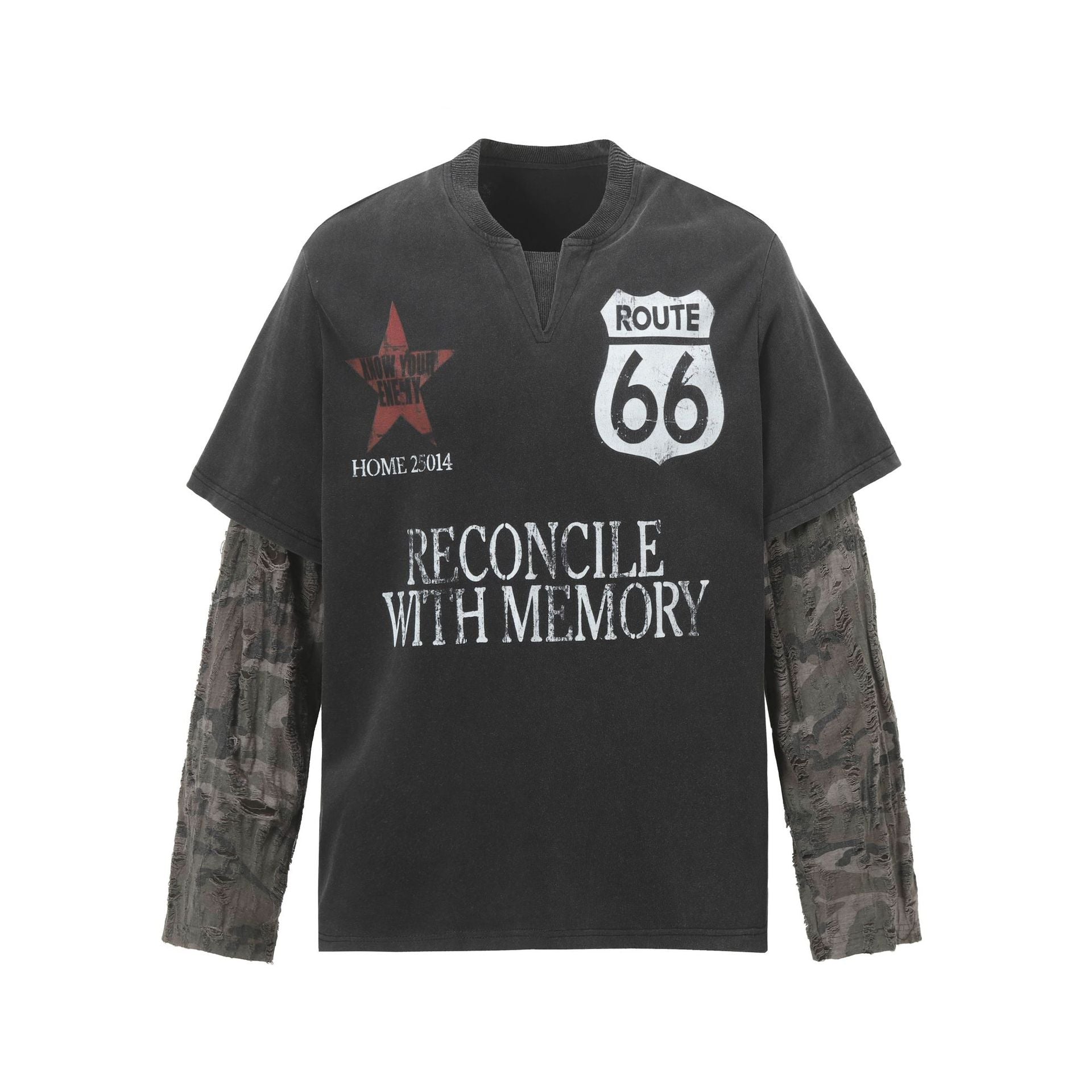 T-shirt manches longues à manches camouflage usées, effet deux pièces – Streetwear noir délavé