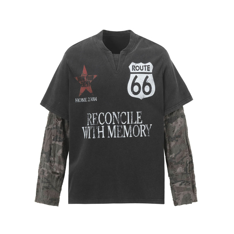 T-shirt manches longues à manches camouflage usées, effet deux pièces – Streetwear noir délavé