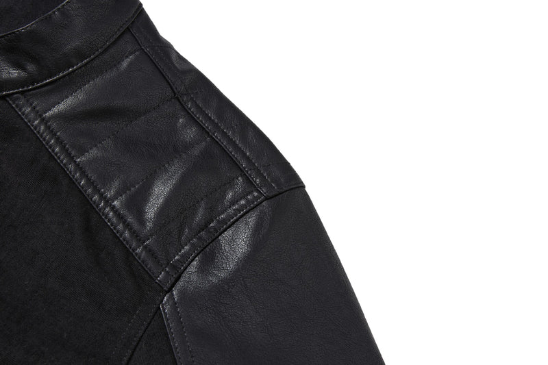 Boxy Moto Jacket – Black Denim & PU Leather Panel Biker Jacket