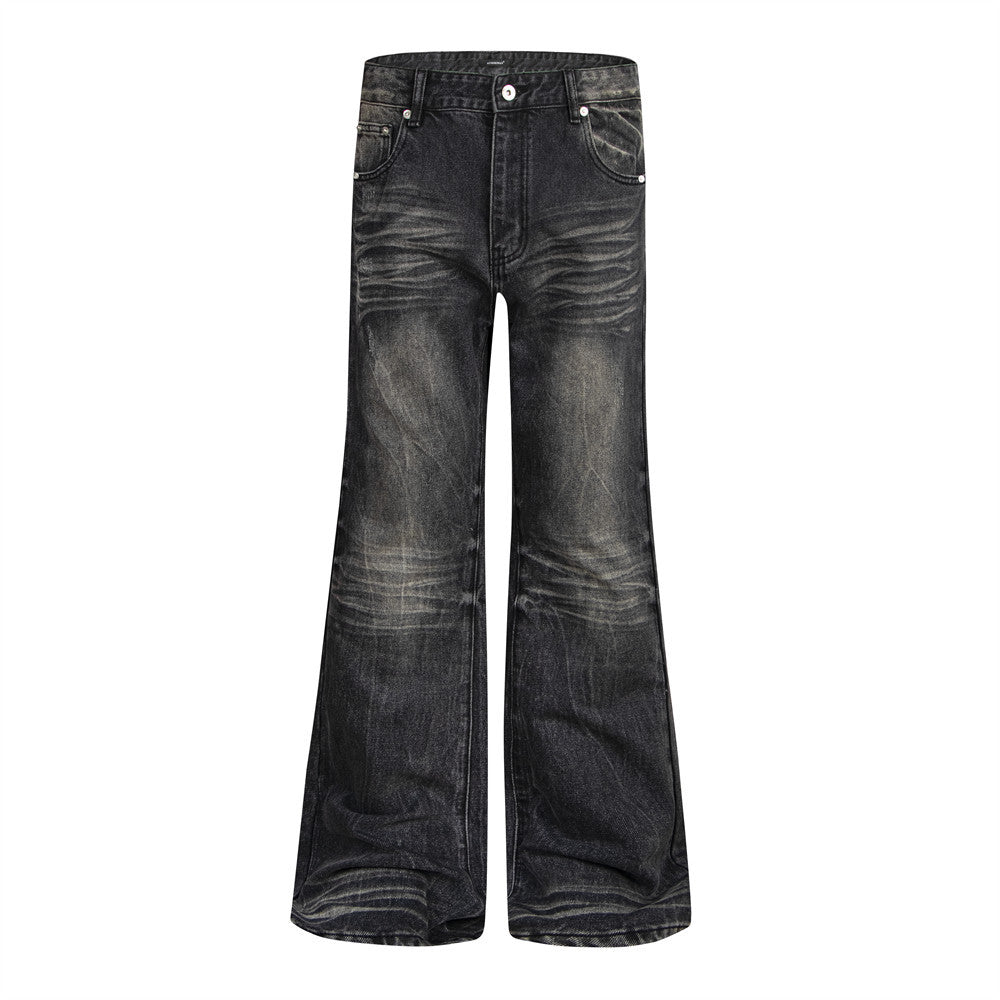 Vaqueros flare negros lavados para hombre – Denim de pierna ancha desgastado con detalle de bigotes