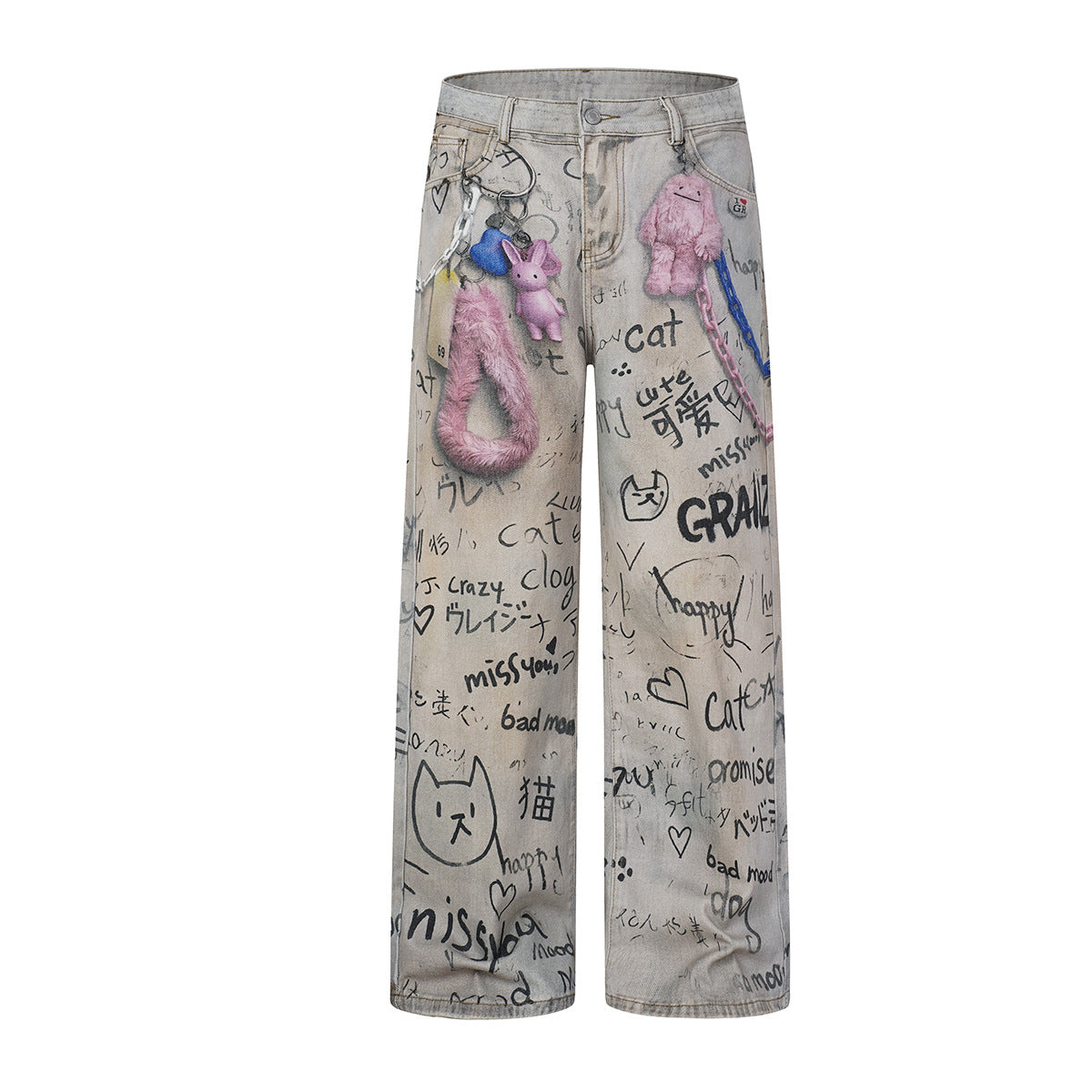 Jeans mit weitem Bein, Graffiti-Print, bunten Ketten und Plüsch-Anhänger-Schlüsselanhängern, Vorder- und Rückansicht