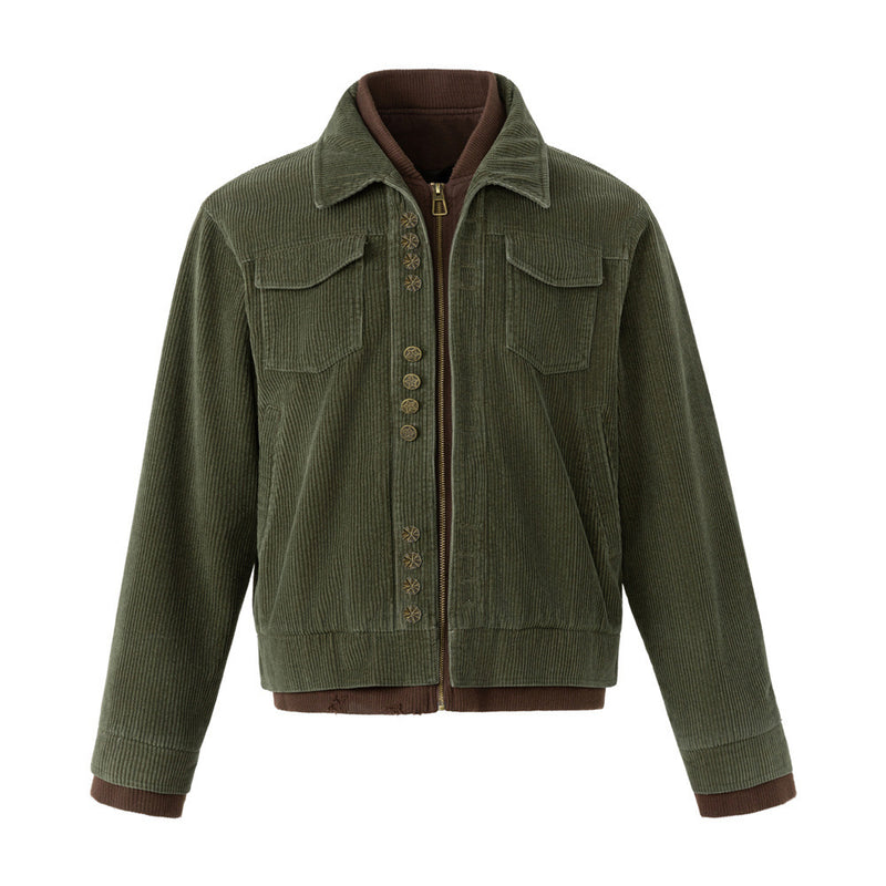 Men's Army Green Corduroy Jacket with Metal Buttons & Layered Hem Detail