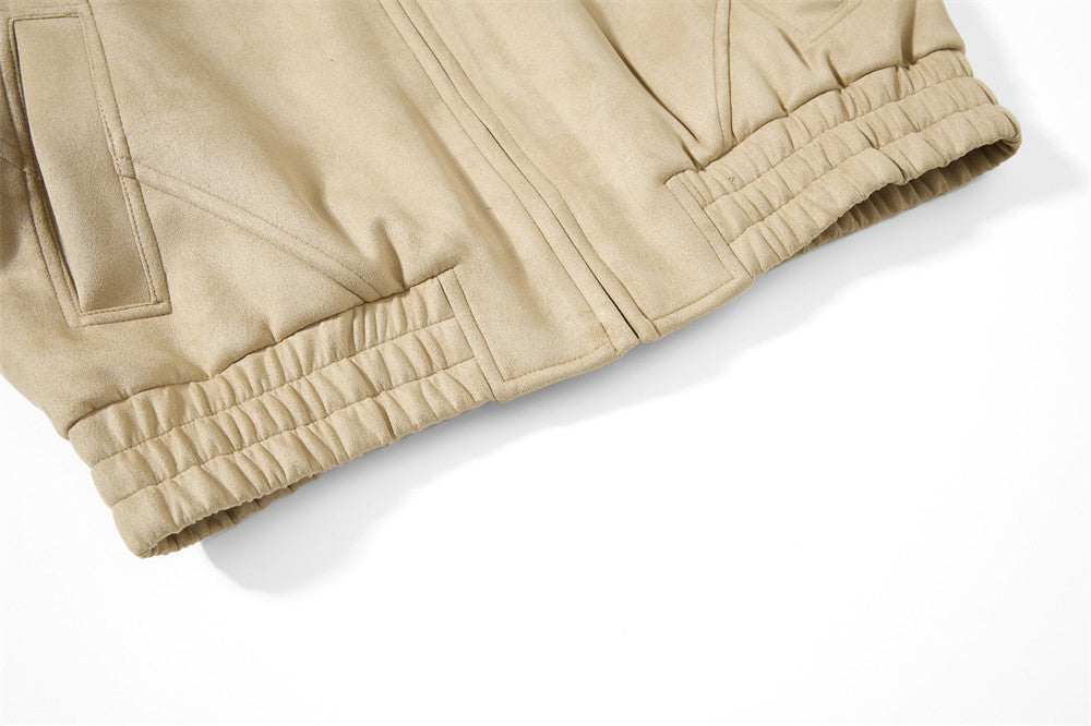 Chaqueta bomber de ante con cuello mao para hombre – Acabado desgastado y corte corto streetwear