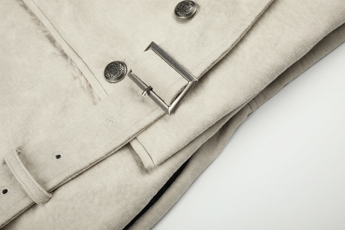 Double-Breasted Shearling-Collar Padded Jacket with Waist Belt