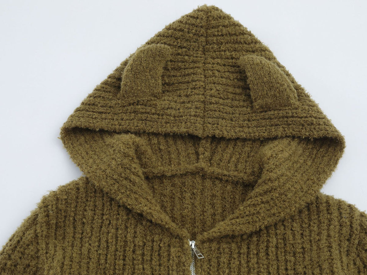 Sweater Zip Up Hoodie Bear Ear Knit Cardigan with Front Pockets