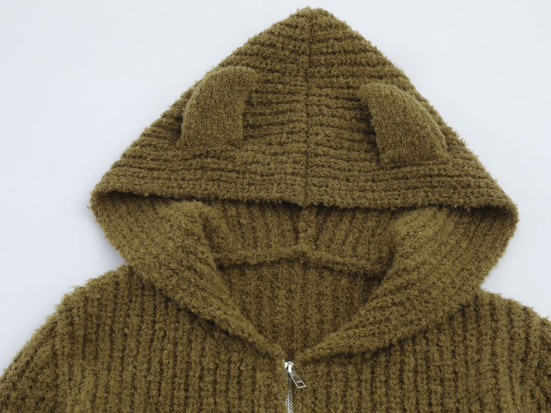 Sweater Zip Up Hoodie Bear Ear Knit Cardigan with Front Pockets