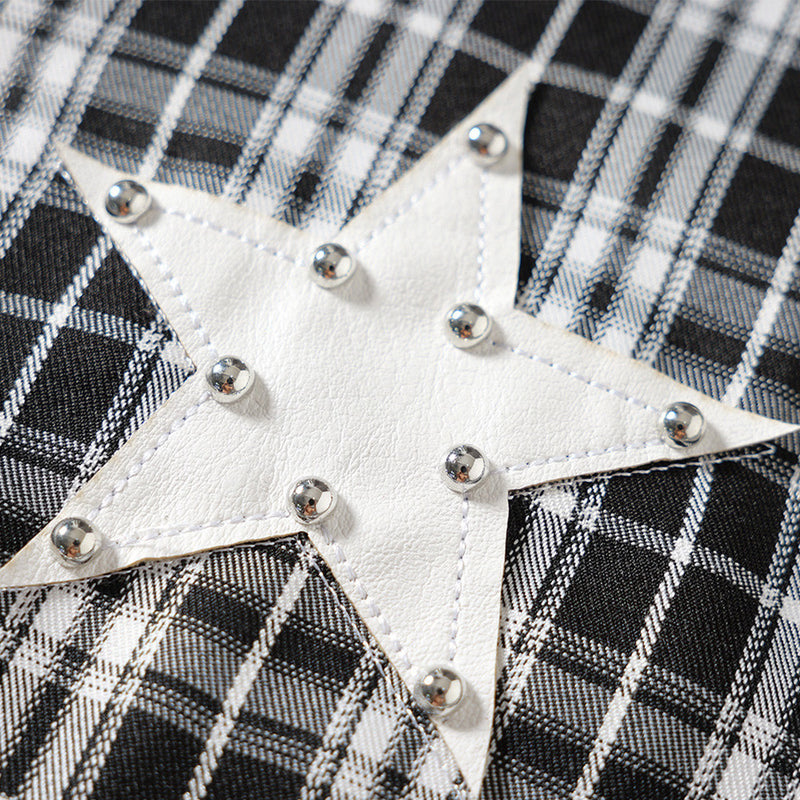 Men's Plaid Long Sleeve Shirt with LUCK Star Letter Patch