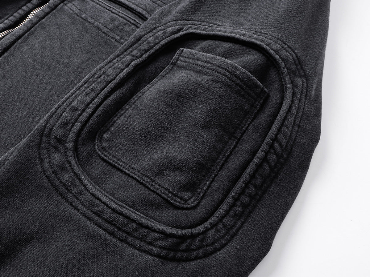 Veste à capuche zippée à multiples poches – Délavage acide vintage