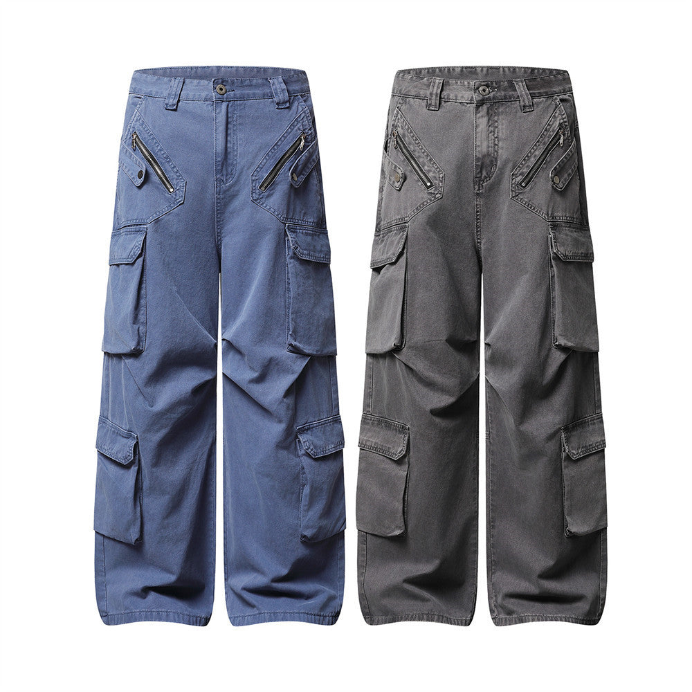 Wide-Leg Cargo Pants – Multi-Pocket Washed Vintage Streetwear Trousers