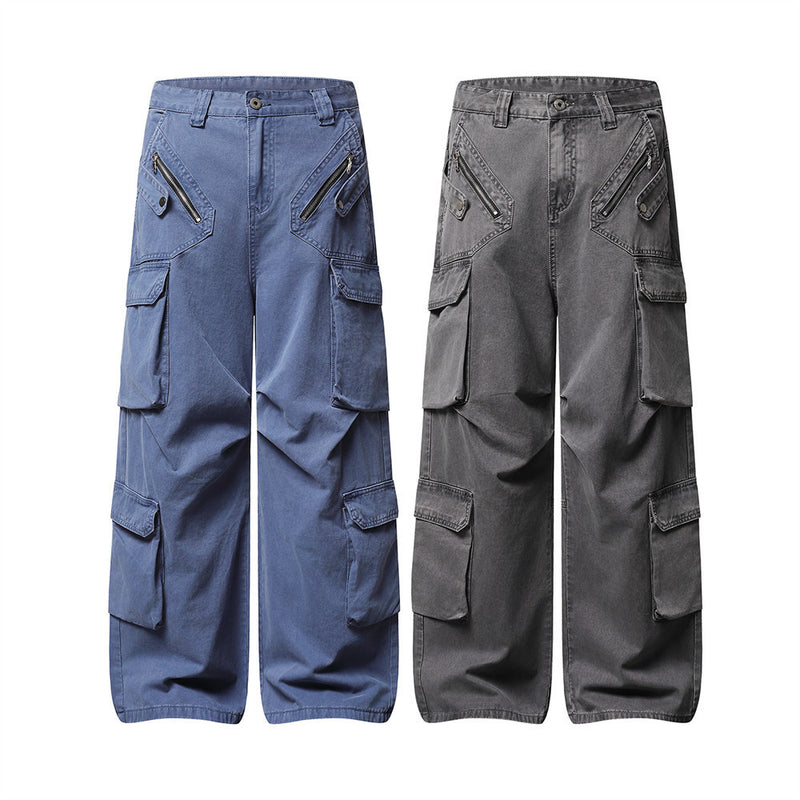Wide-Leg Cargo Pants – Multi-Pocket Washed Vintage Streetwear Trousers