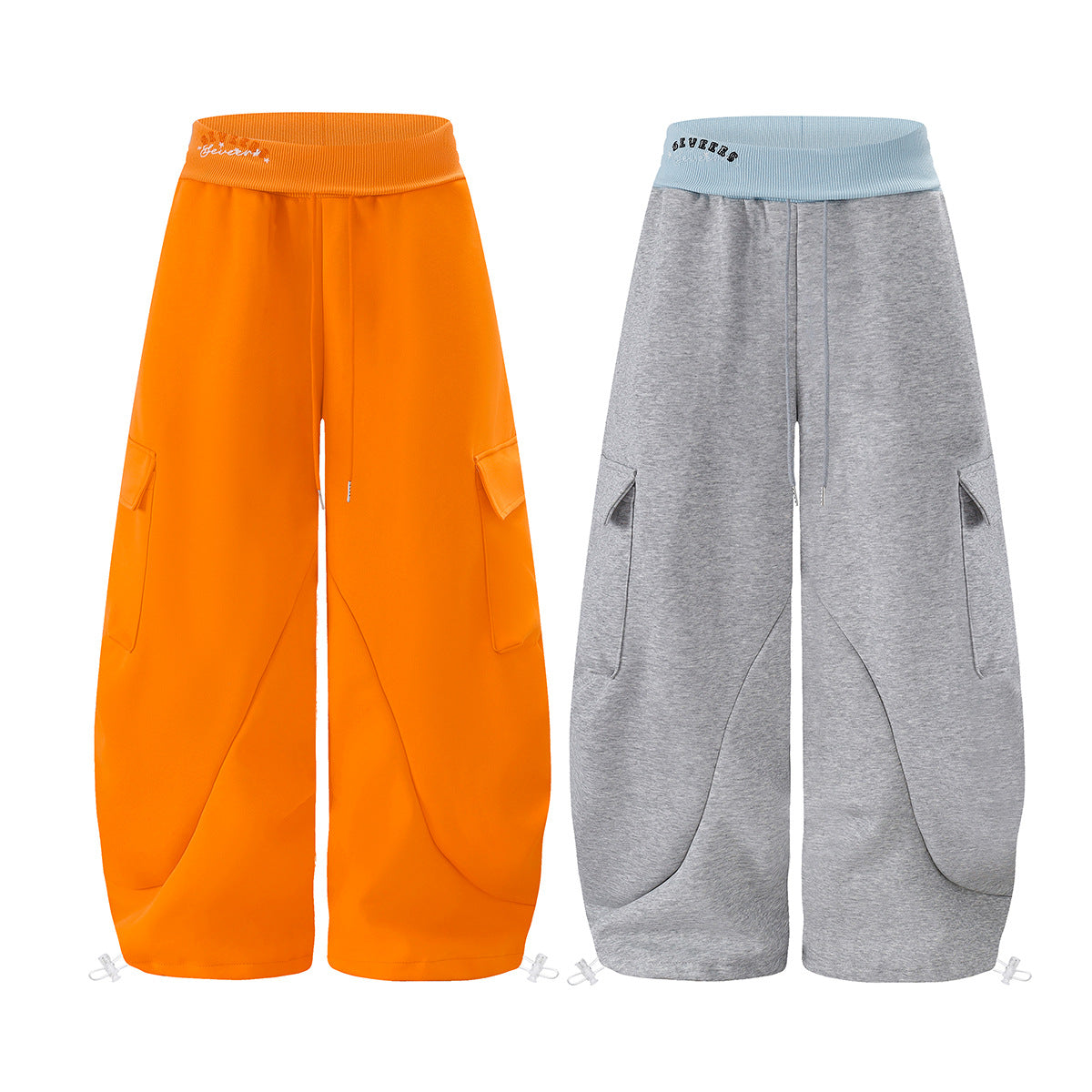 Baggy Wide-Leg-Cargo-Sweathose in Orange und Grau mit kontrastierendem Rippbund und geschwungenen Nahtdetails