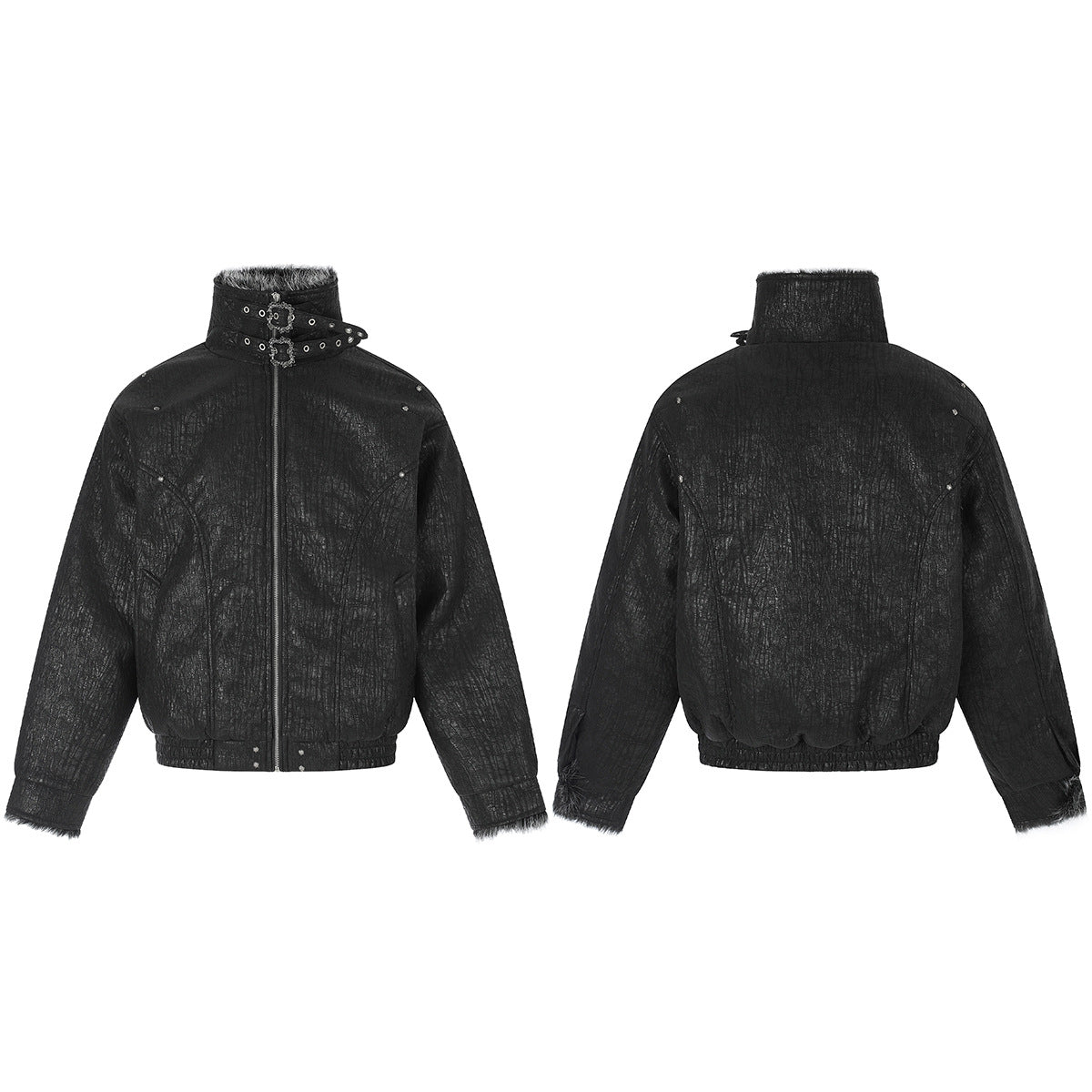 Faux Fur Trim Padded Bomber Jacket — Stand Collar with Buckle Detail
