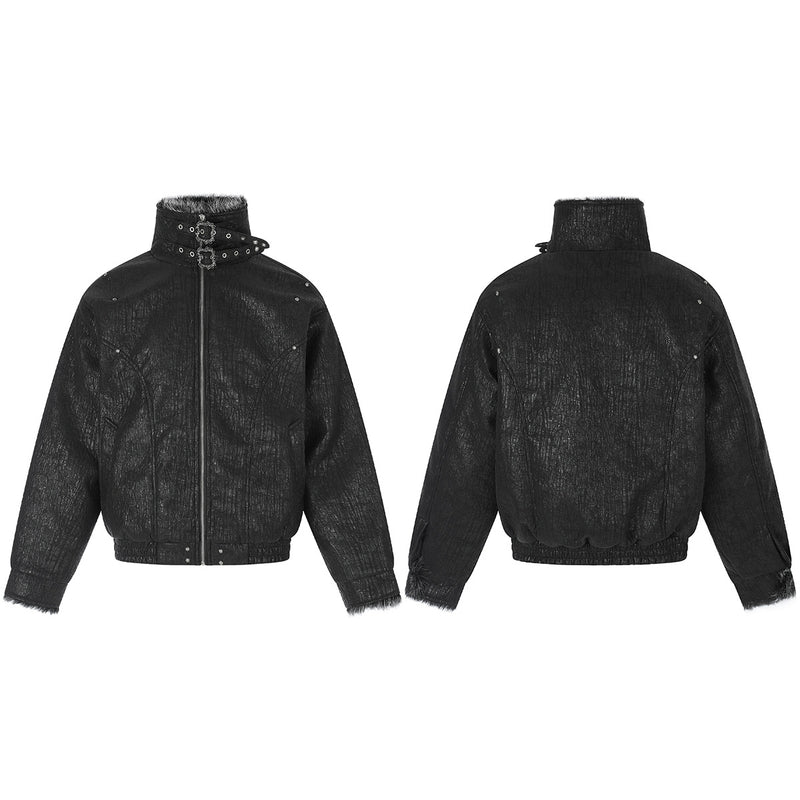 Faux Fur Trim Padded Bomber Jacket — Stand Collar with Buckle Detail