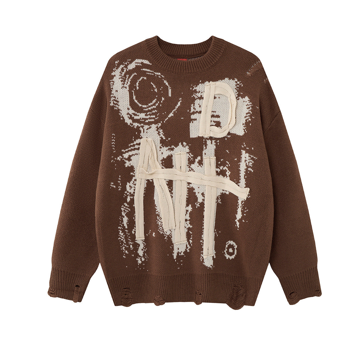 Pull en maille graphique effet usé – Col rond streetwear américain avec appliqué