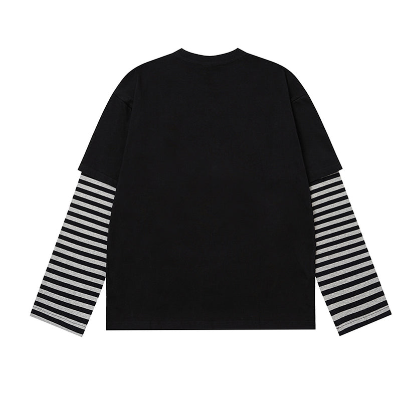 Long Sleeve T-Shirt Faux-Layered Rock Graphic Striped Sleeve Oversized Tee