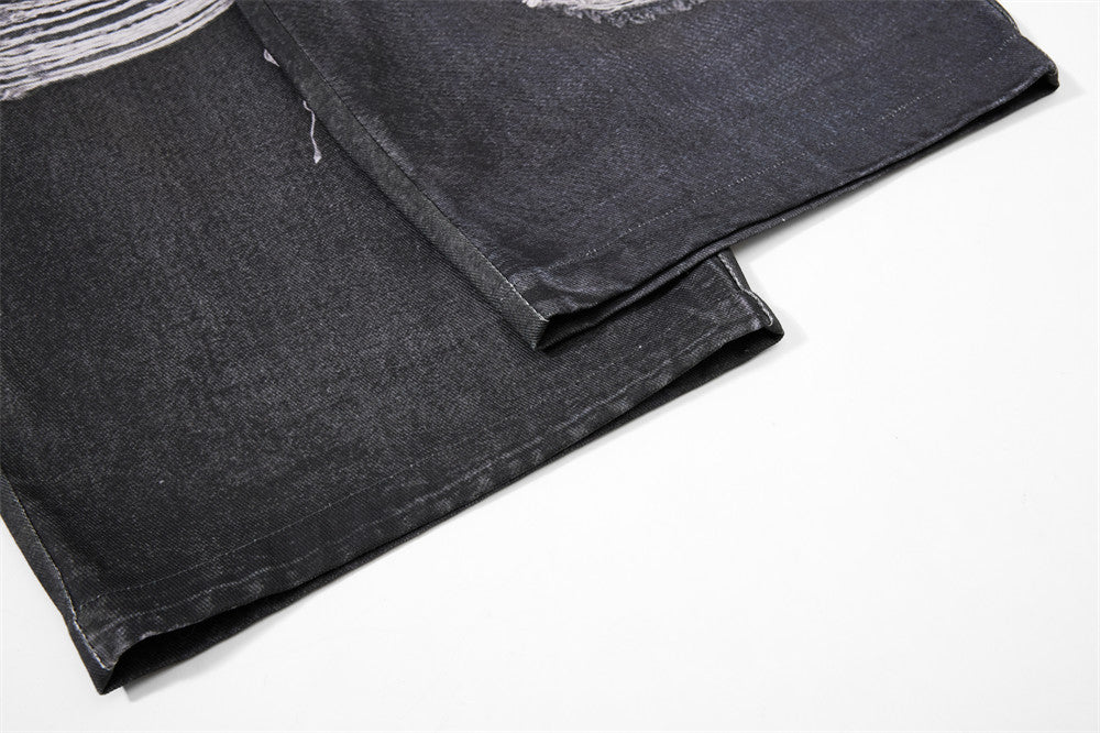 Wide-Leg Distressed Jeans with Faux Double Waistband & Star Detail