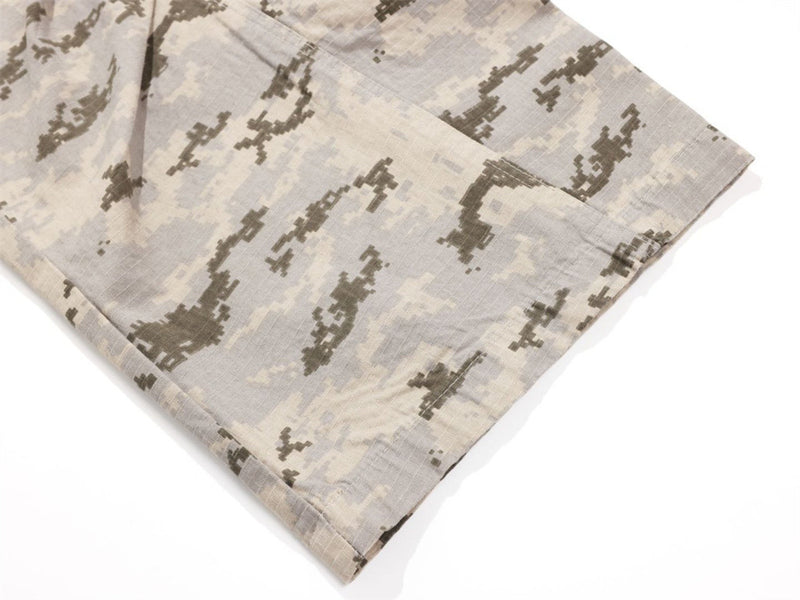 Close-up of hem on desert digital camo wide-leg pants