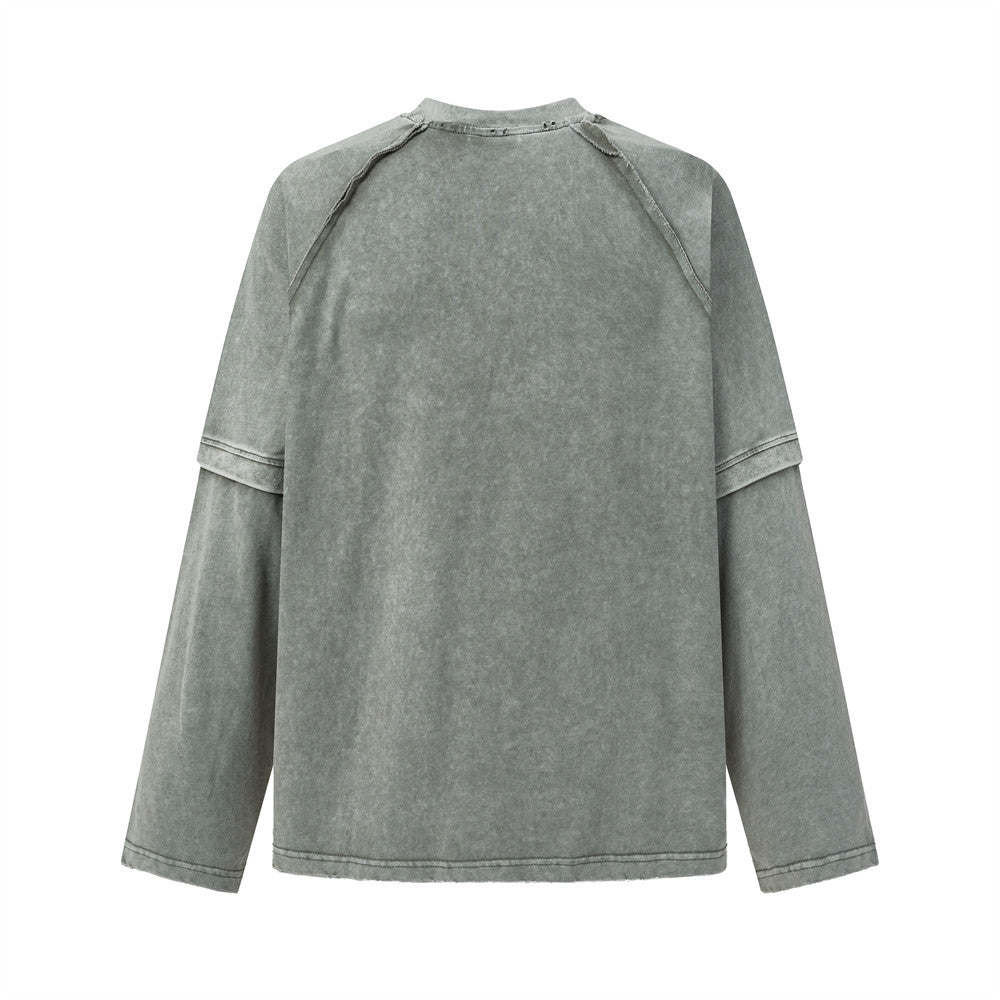 T-shirt manches longues à double épaisseur effet superposé, délavé à l’acide – Col ras-du-cou punk pour homme à ourlet brut