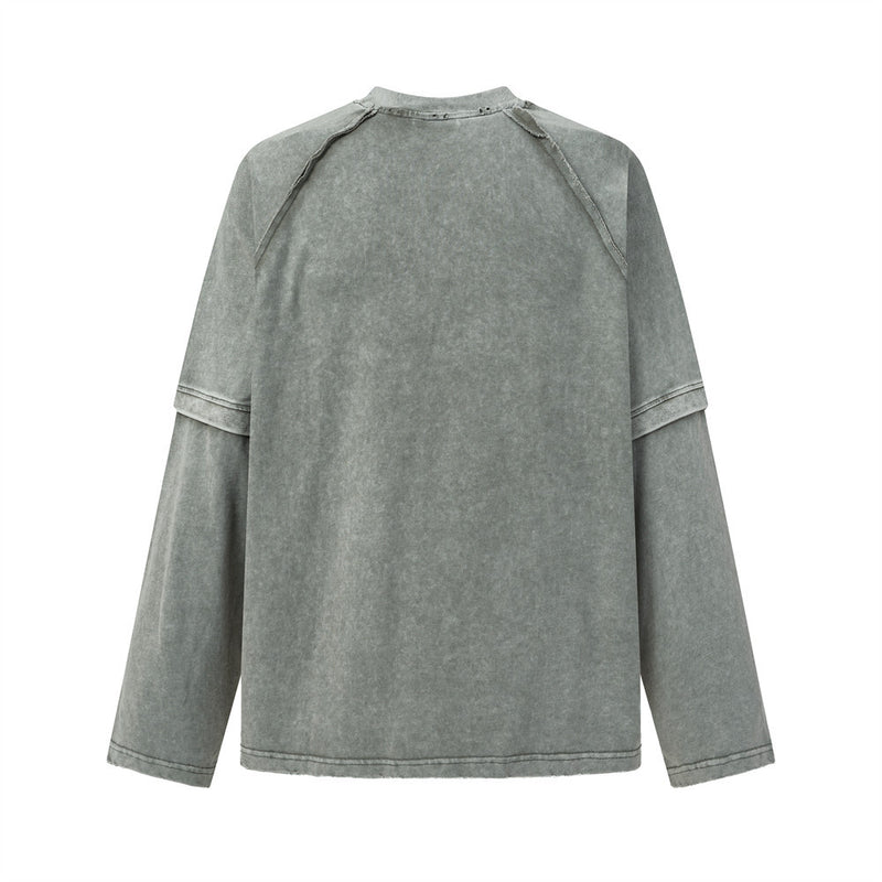 T-shirt manches longues à double épaisseur effet superposé, délavé à l’acide – Col ras-du-cou punk pour homme à ourlet brut