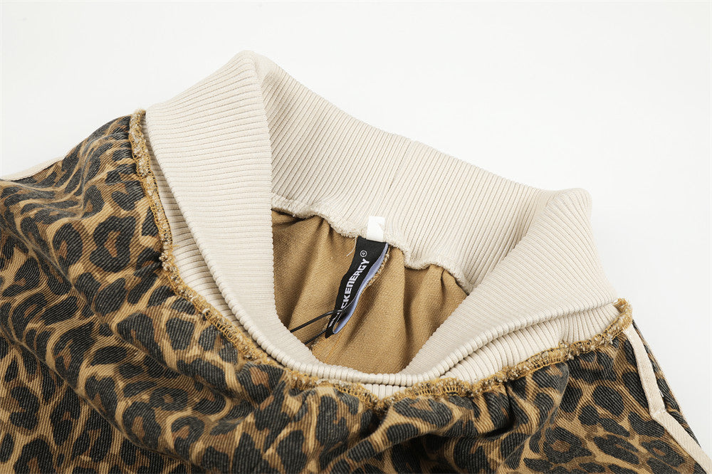 Leopard Print Wide-Leg Track Pants – Loose Fit Streetwear Sweatpants with Side