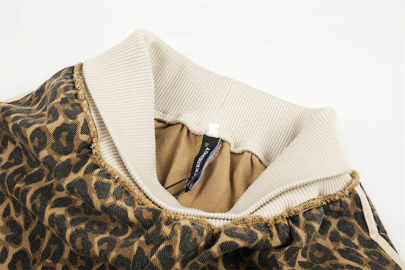 Leopard Print Wide-Leg Track Pants – Loose Fit Streetwear Sweatpants with Side