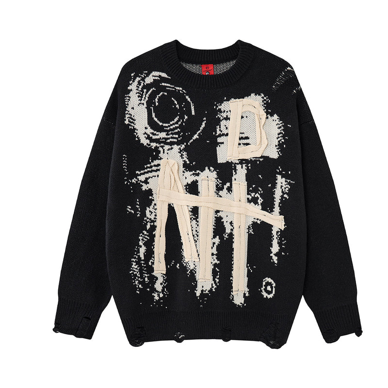 Pull oversize à col rond en maille graphique délavée, lettrage appliqué crème, coloris noir, style streetwear