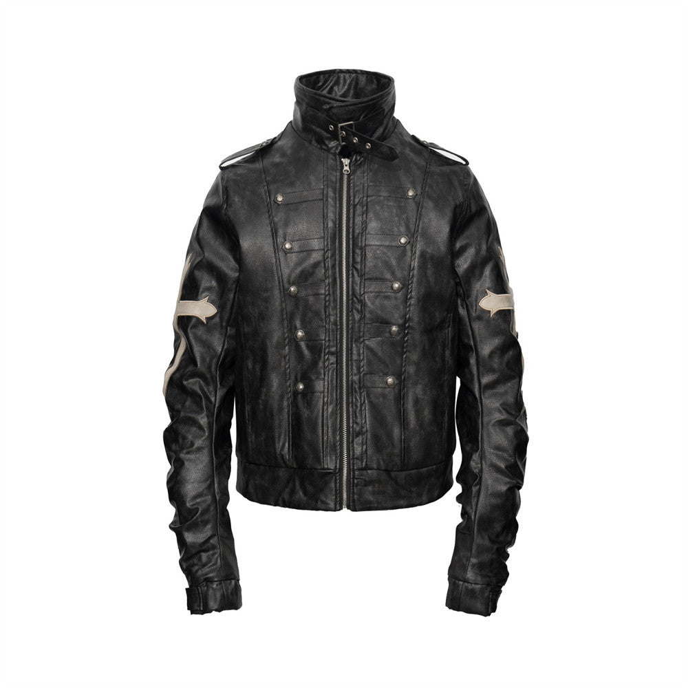 Gothic Cross Embroidered Padded PU Leather Moto Jacket – Double-Breasted Stand