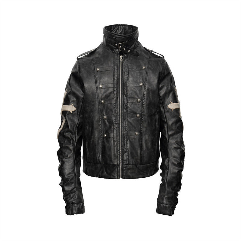 Gothic Cross Embroidered Padded PU Leather Moto Jacket – Double-Breasted Stand