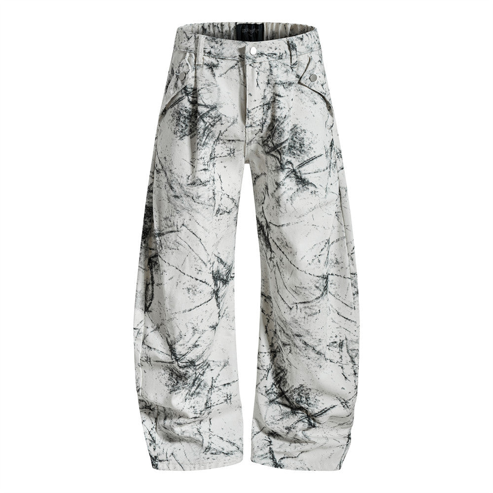 Hose mit weitem, geschwungenem Bein – Ink-Wash-Print, Falten und lockere Baggy-Passform
