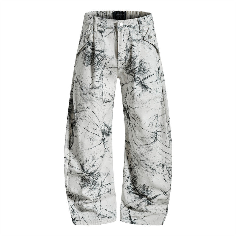 Hose mit weitem, geschwungenem Bein – Ink-Wash-Print, Falten und lockere Baggy-Passform