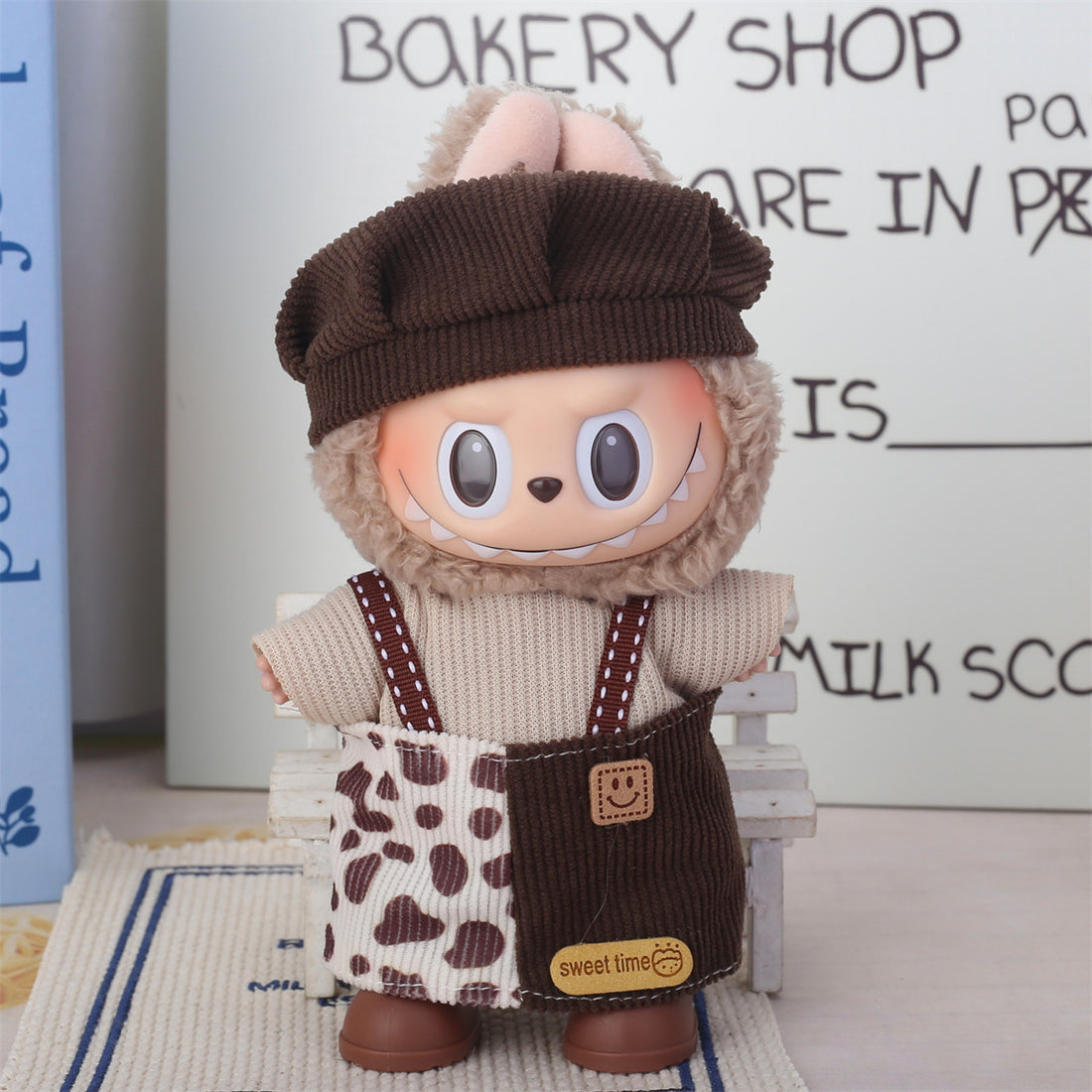 Labubu Corduroy Patchwork Dress & Beret Outfit – All‑Series Doll Clothes