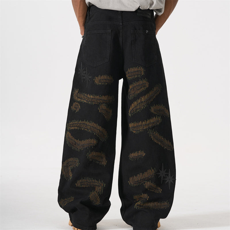 Wide-Leg Jeans with Chaotic Needle Embroidery & Star Patches