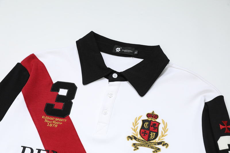 Benchmark Long-Sleeve Rugby Polo Shirt – Colorblock Diagonal Stripe & Crest