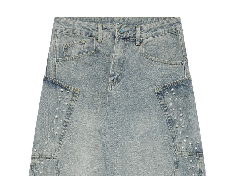 Pearl-Studded Wide-Leg Denim Cargo Jeans – Vintage Washed Scimitar Cut